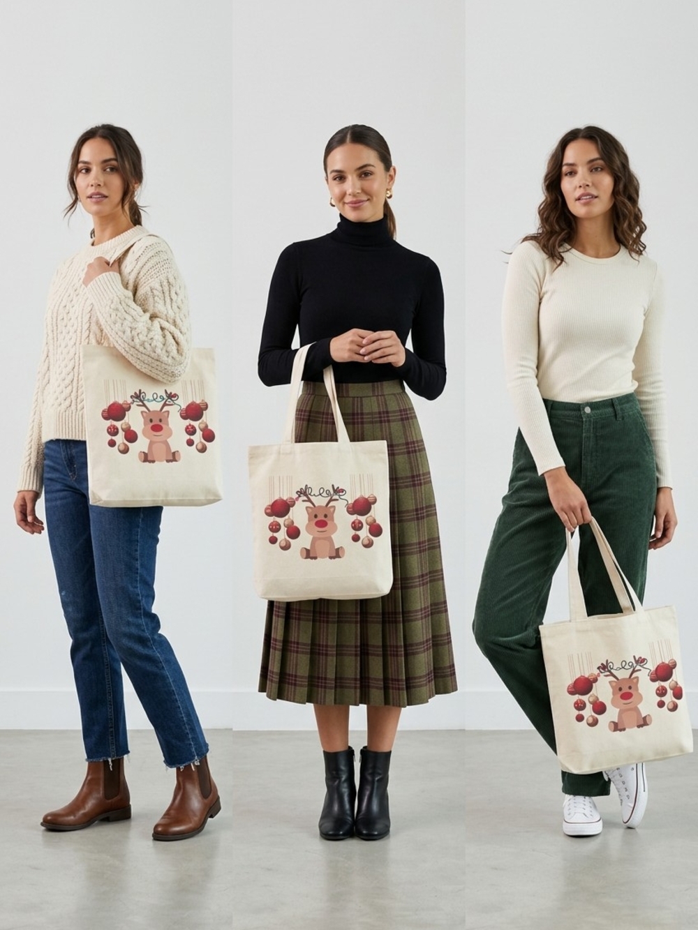 Canvas Holiday Reindeer Tote Bag  With Music When You Scan Qr On Bag,Cream